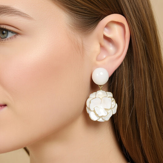 Creamy white gardenia flower stud earrings with 18K gold plating and delicate enamel petal