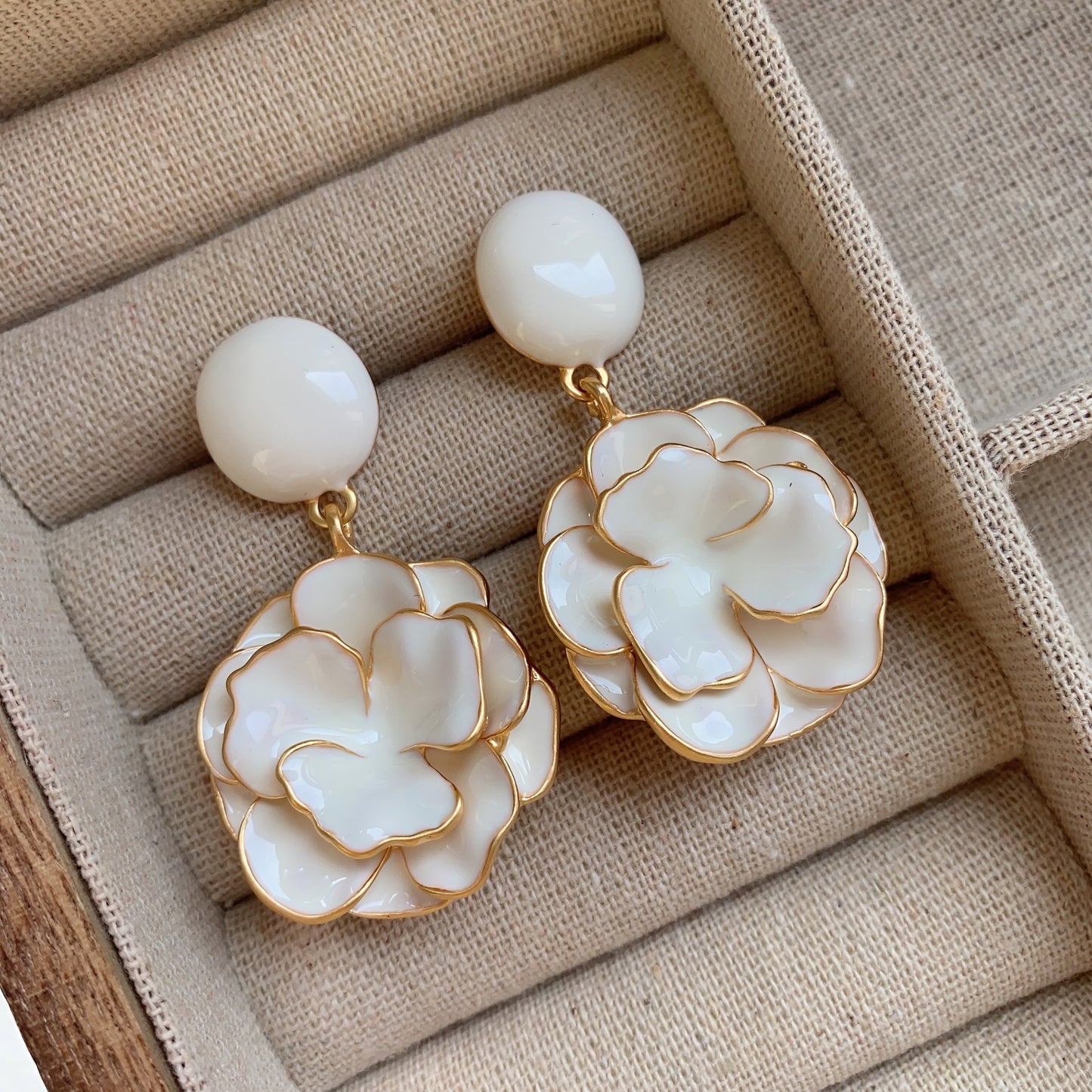 Creamy white gardenia flower stud earrings with 18K gold plating and delicate enamel petals