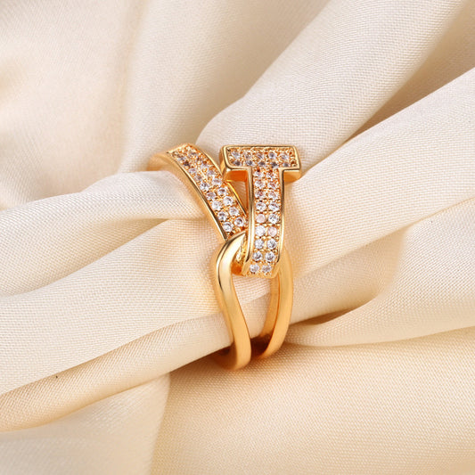Personalized Letter T Initial Open Ring in 18K Gold Plated Band with Sparkling Zircon