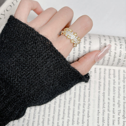 Bold 18K Gold Plated Wide Hollow Geometric Ring with Sparkling Zircon Accents in an Adjustable Statement Design