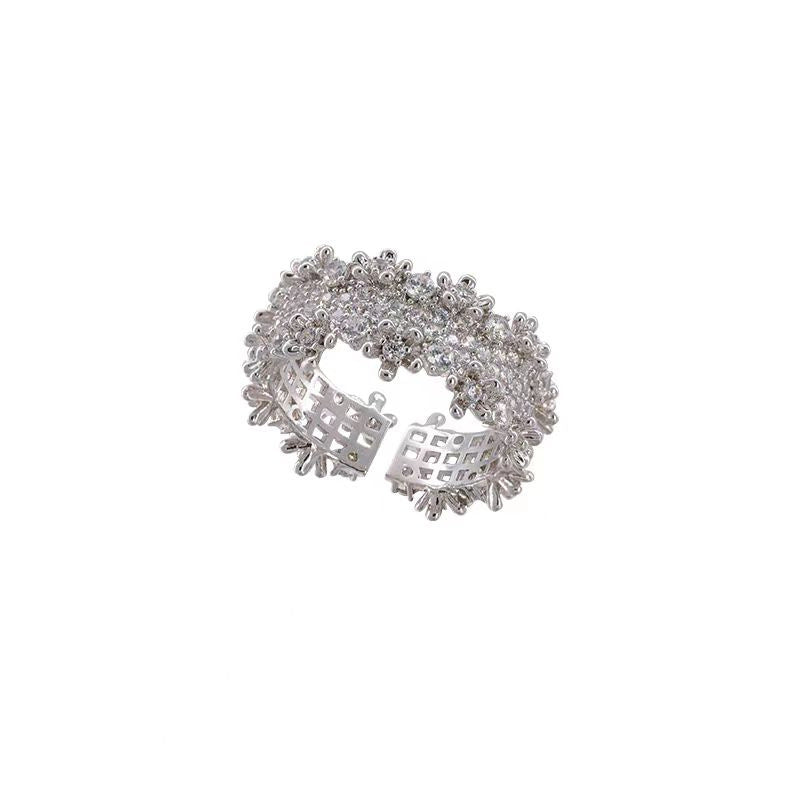 Bold 18K White Gold Plated Wide Hollow Geometric Ring with Sparkling Zircon Accents in an Adjustable Statement Design