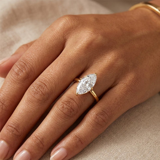 2 Carat Marquise Cut Moissanite Solitaire Ring in 18K Yellow Gold Finish