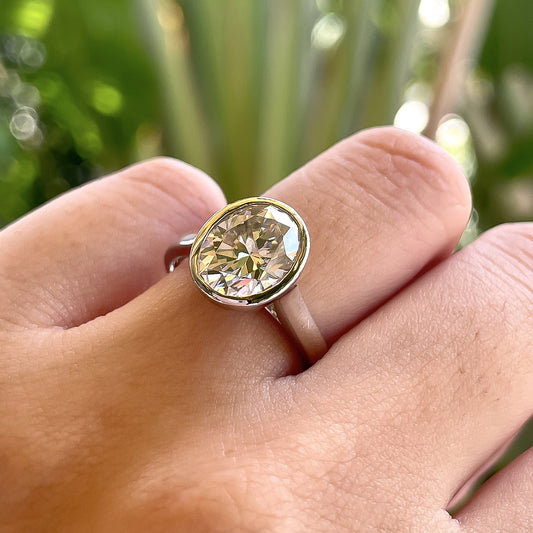 3 Carat Oval Cut Moissanite Solitaire Ring in S925 Sterling Silver Bezel Setting Statement Piece