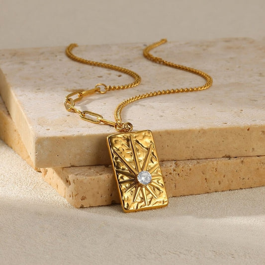 18K Gold Plated Sun Zircon Necklace Hammered Sunburst Pendant Dual Chain Necklace