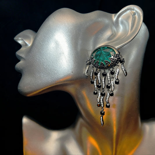 Piano Black Cloud Pattern Jellyfish Tassel Gem Earrings