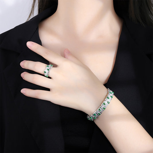Emerald Green Gemstone Halo Bangle & Ring Set – Timeless Elegance