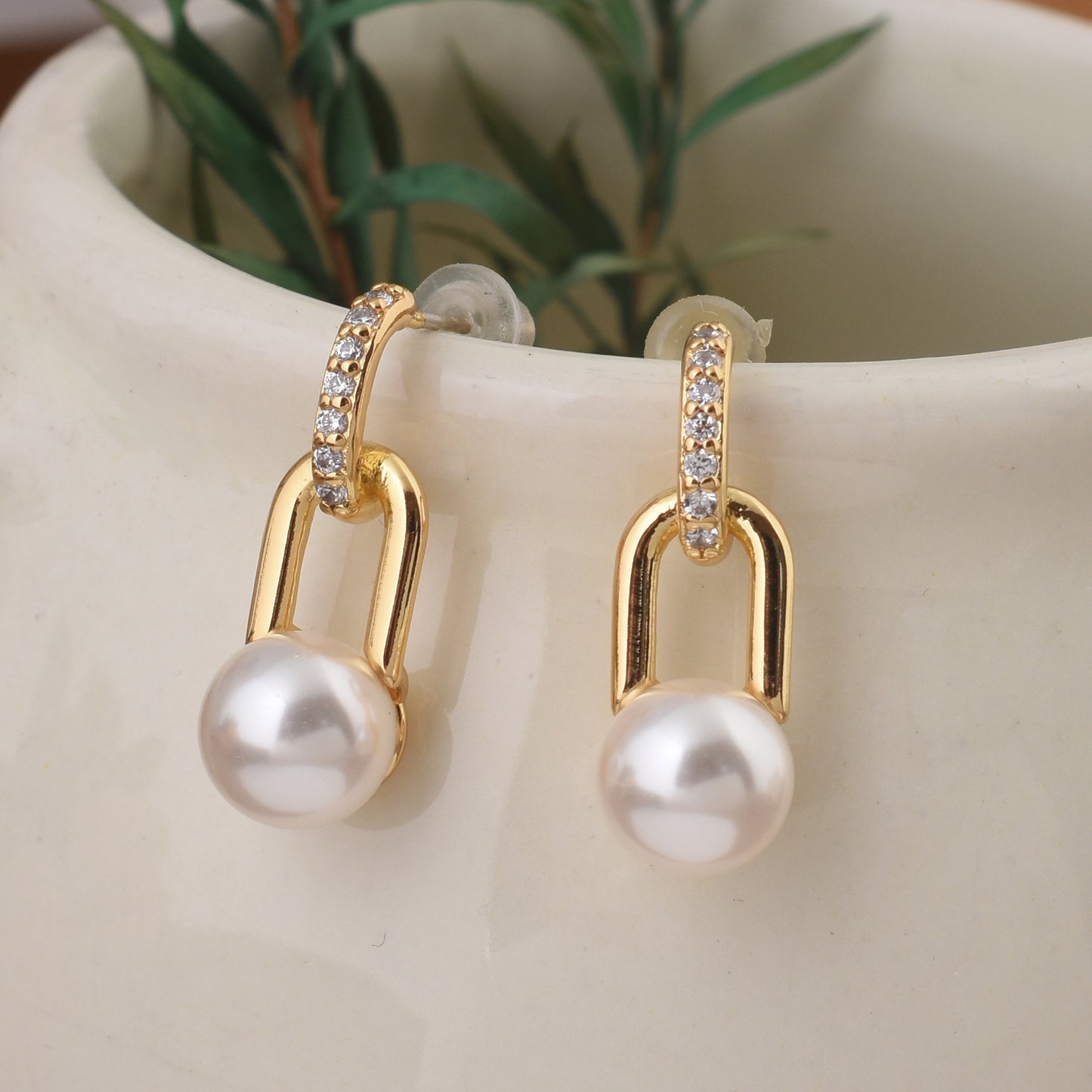 18K Gold Plated Pearl Drop Earrings – 925 Sterling Silver Needle Pavé Zircon Hoops