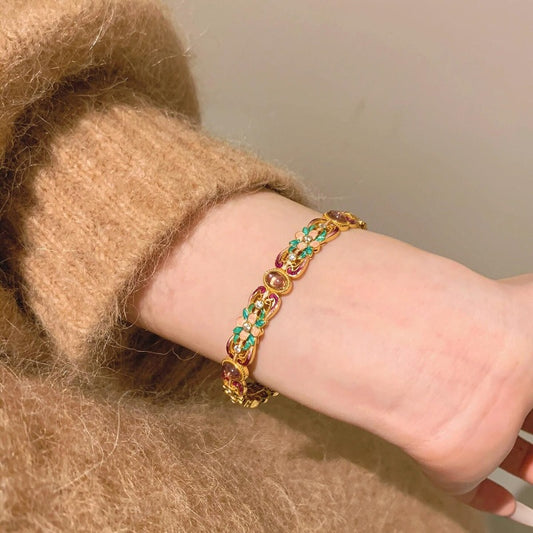 New Chinese Enamel Flower Bangle Purple Chalcedony & Zircon Vintage Open Cuff