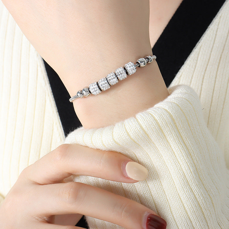 Adjustable Full Pavé Cylinder Bead Bracelet in Silver & Gold