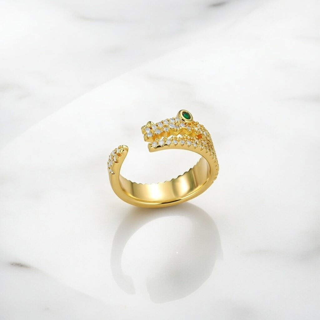 Unique Gold Plated Crocodile Open Ring with Sparkling Cubic Zirconia Pavé and Green Zircon Eye Accent