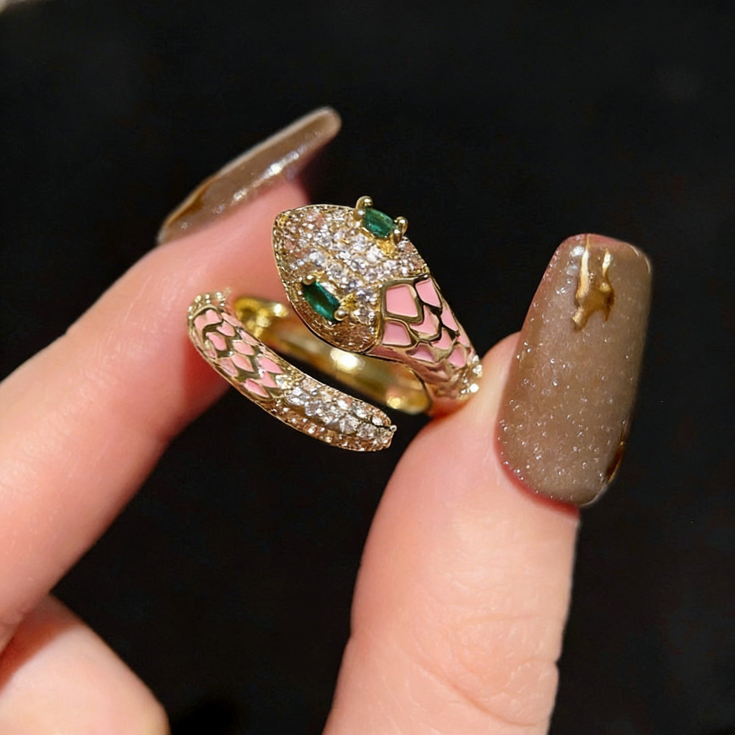Exotic Gold Pink Snake Open Ring with Shimmering Zircon Pavé Detailing in a Fluid Serpent Design