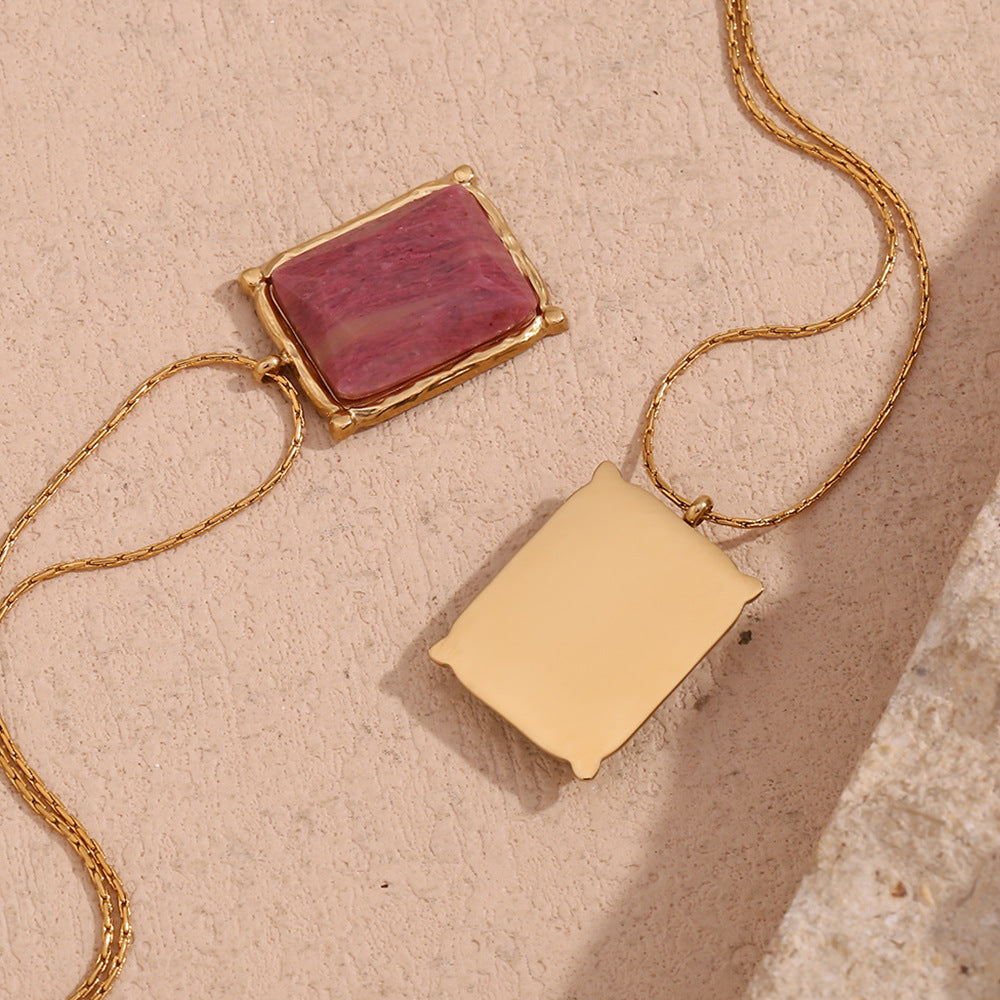 Elegant gold necklace featuring a vibrant square natural gemstone pendant, available in rose pink and aqua green