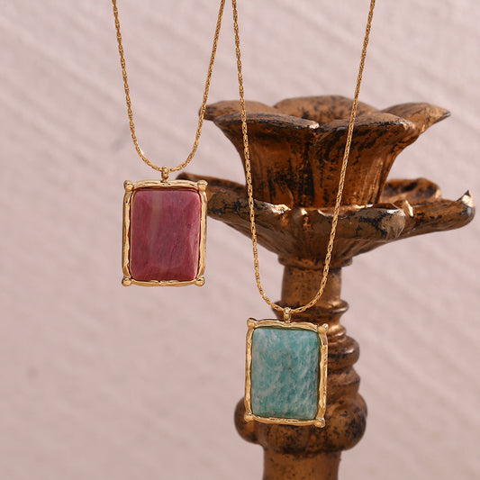 Elegant gold necklace featuring a vibrant square natural gemstone pendant, available in rose pink and aqua green