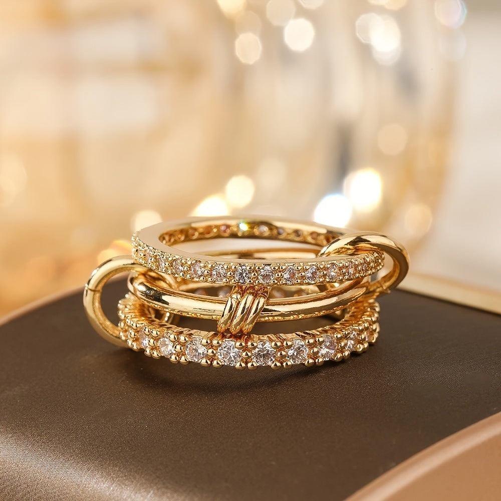 Chic Gold Triple Layered Open Ring featuring a Middle Band of Sparkling Zircon Pavé in a Modern Stackable Design