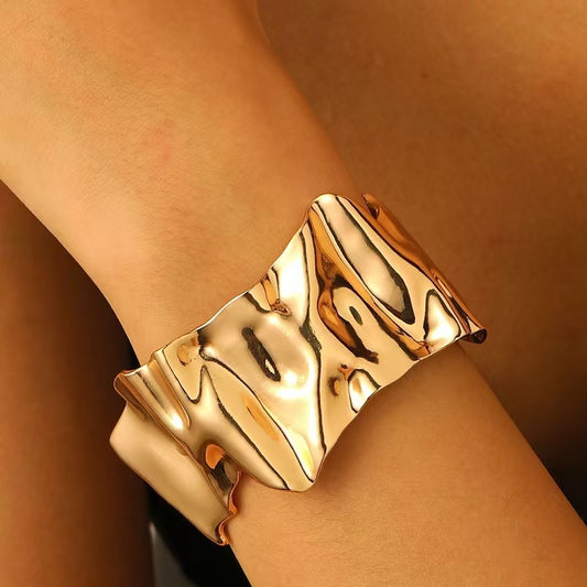 Modern Irregular Sculptural Gold Open Cuff Bracelet with High Polish Finish