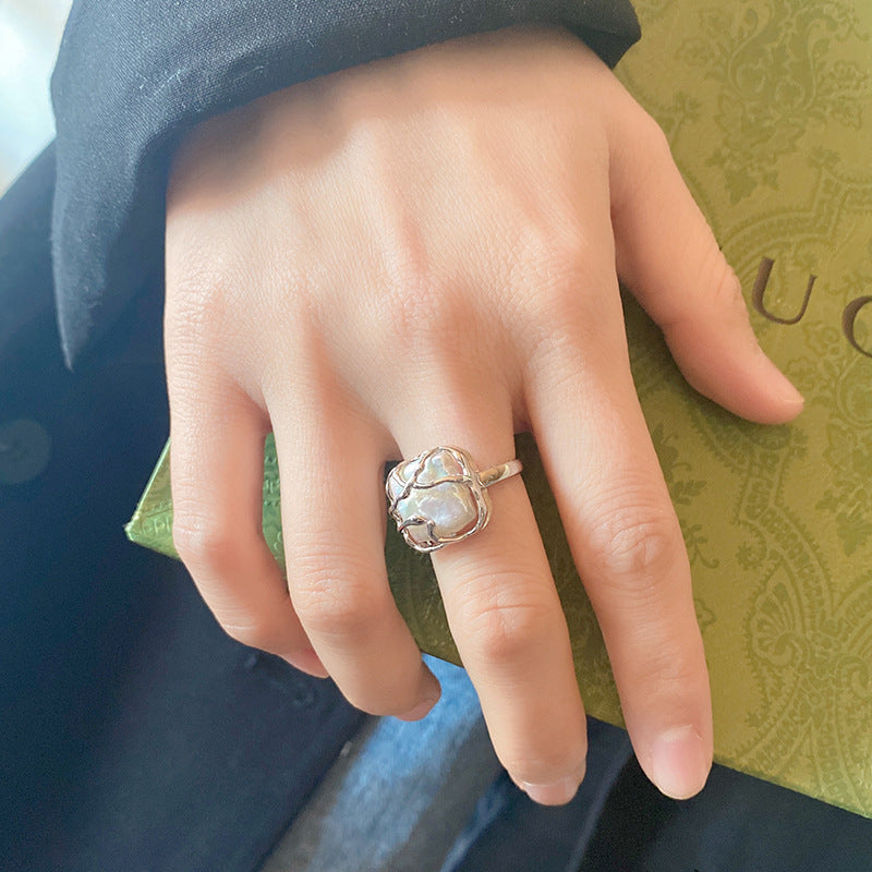 Unique S925 Sterling Silver Ring featuring a Natural Baroque Square Pearl in an Artistic Flowing Open Adjustable Band