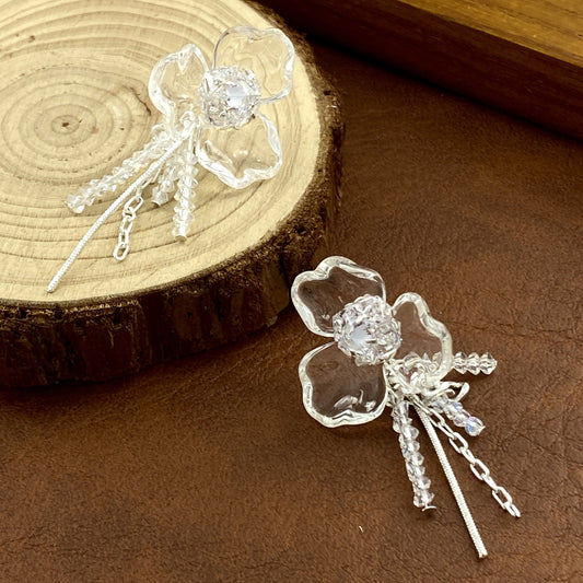 Silver S925 floral drop earrings featuring crystal-encrusted flower studs and elegant dangling tassel chains