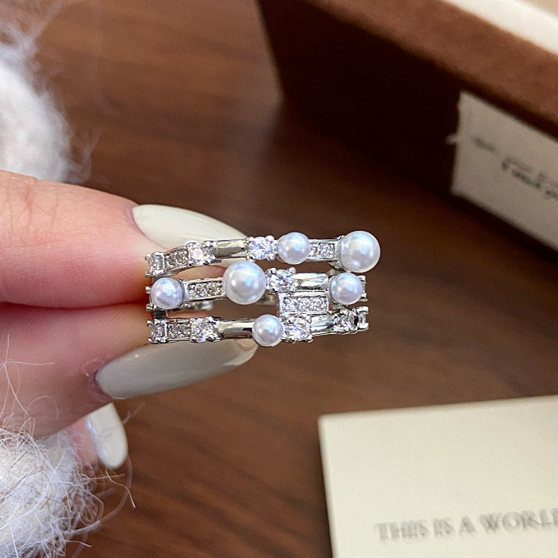 Elegant Silver Layered Open Ring Featuring Sparkling Zircon Clusters and Pearl Accents