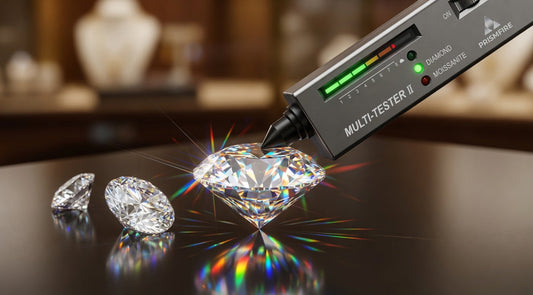 Testing a moissanite ring with a professional diamond tester to show thermal conductivity