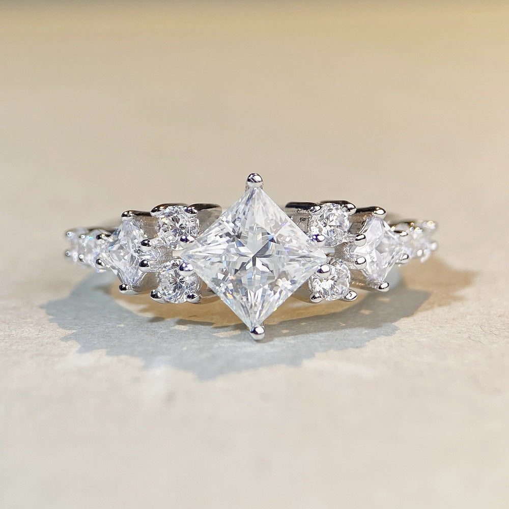 1.2 Carat Princess Cut Moissanite Ring with Multi-Stone S925 Silver Band