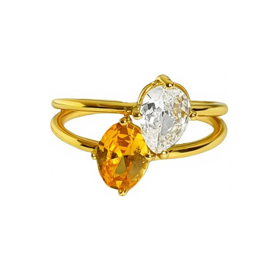 Dazzling Toi et Moi Open Ring featuring a Pear-cut Clear Zircon and Oval Orange Cubic Zirconia in 14K Gold Plated Band
