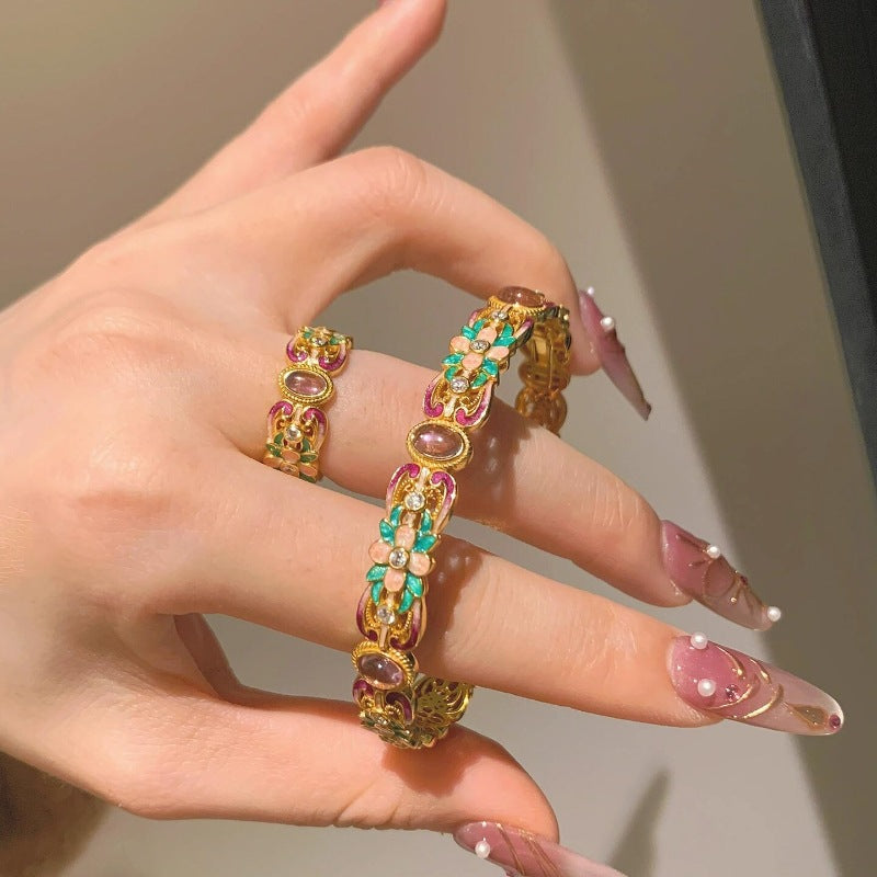 Exquisite 18K gold plated bangle with chalcedony, enamel flower patterns, and sparkling zirconia accents