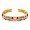 New Chinese Enamel Flower Bangle Purple Chalcedony &amp Zircon Vintage Open Cuff
