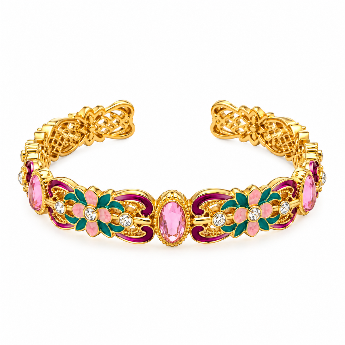 New Chinese Enamel Flower Bangle Purple Chalcedony &amp Zircon Vintage Open Cuff