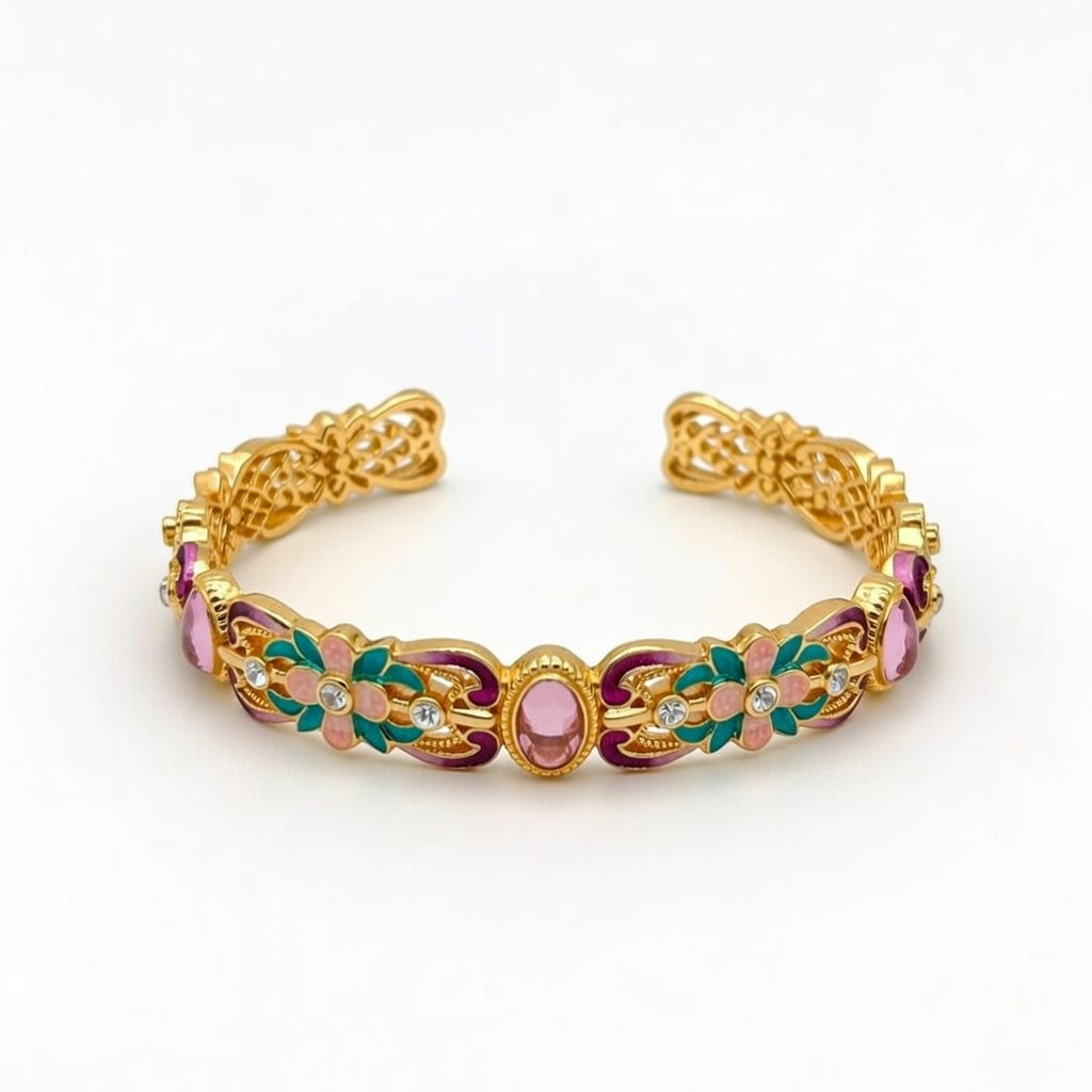 Exquisite 18K gold plated bangle with chalcedony, enamel flower patterns, and sparkling zirconia accents