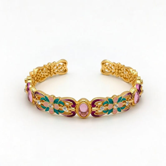 Exquisite 18K gold plated bangle with chalcedony, enamel flower patterns, and sparkling zirconia accents