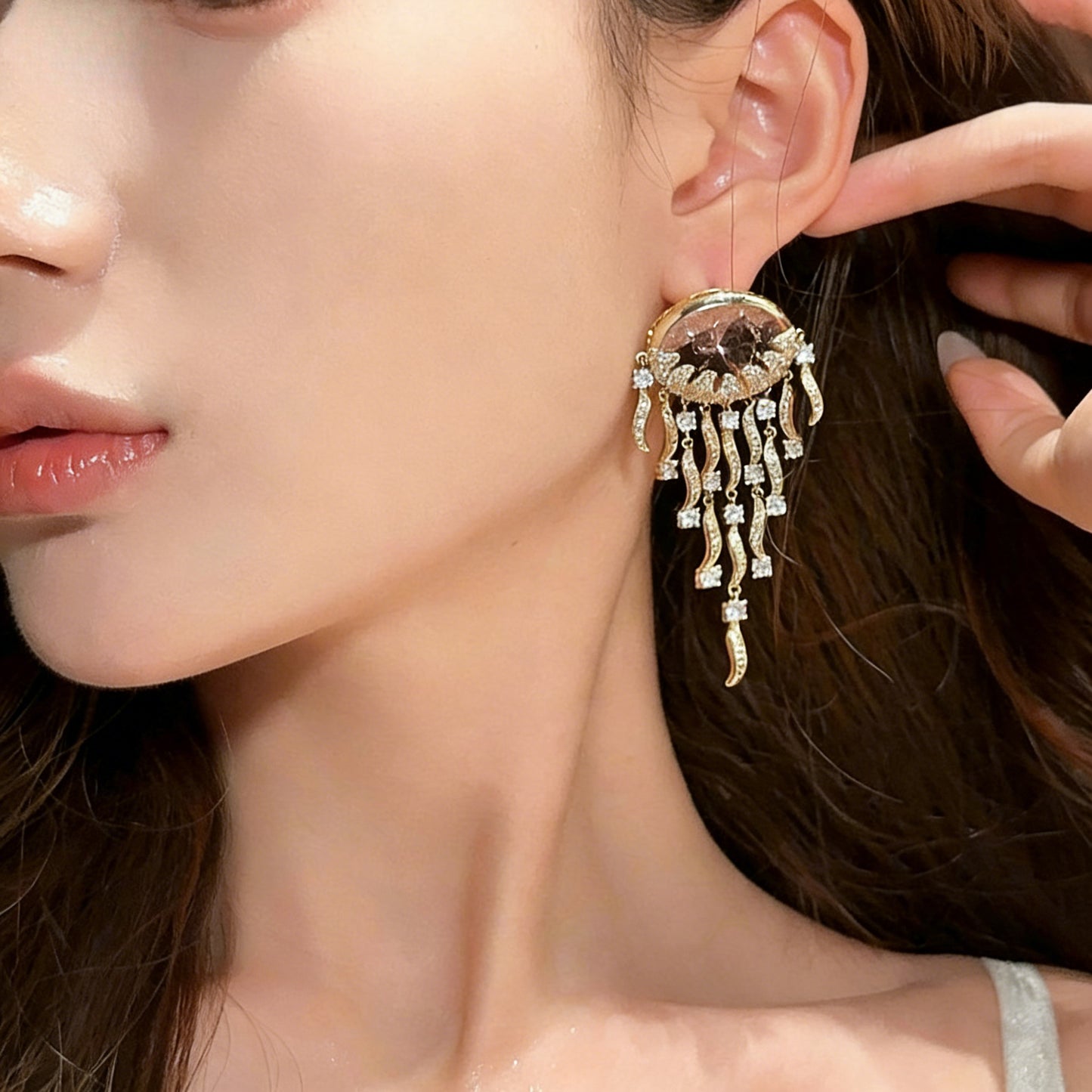 Jellyfish drop earrings with pink and blue ice flower zircons, 18K gold plating, and elegant long tassels