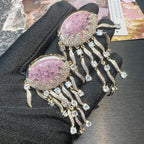 Jellyfish drop earrings with pink and blue ice flower zircons, 18K gold plating, and elegant long tassels