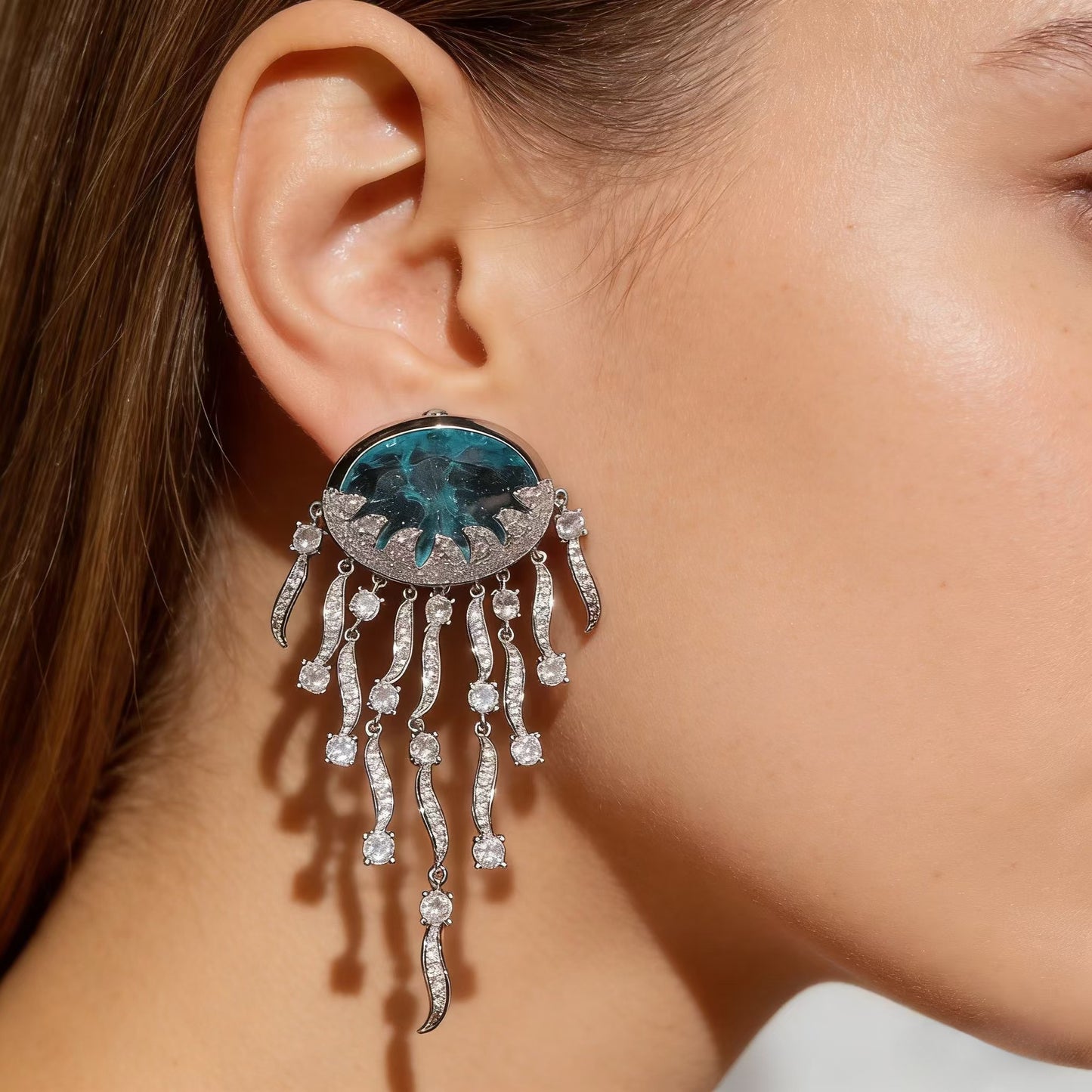Jellyfish drop earrings with pink and blue ice flower zircons, 18K gold plating, and elegant long tassels