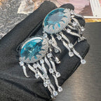 Jellyfish drop earrings with pink and blue ice flower zircons, 18K gold plating, and elegant long tassels