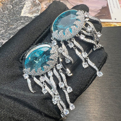 Jellyfish drop earrings with pink and blue ice flower zircons, 18K gold plating, and elegant long tassels