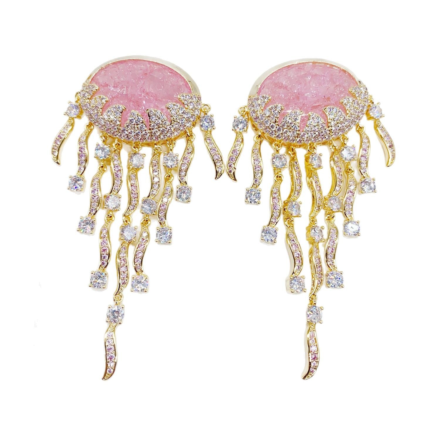Jellyfish drop earrings with pink and blue ice flower zircons, 18K gold plating, and elegant long tassels