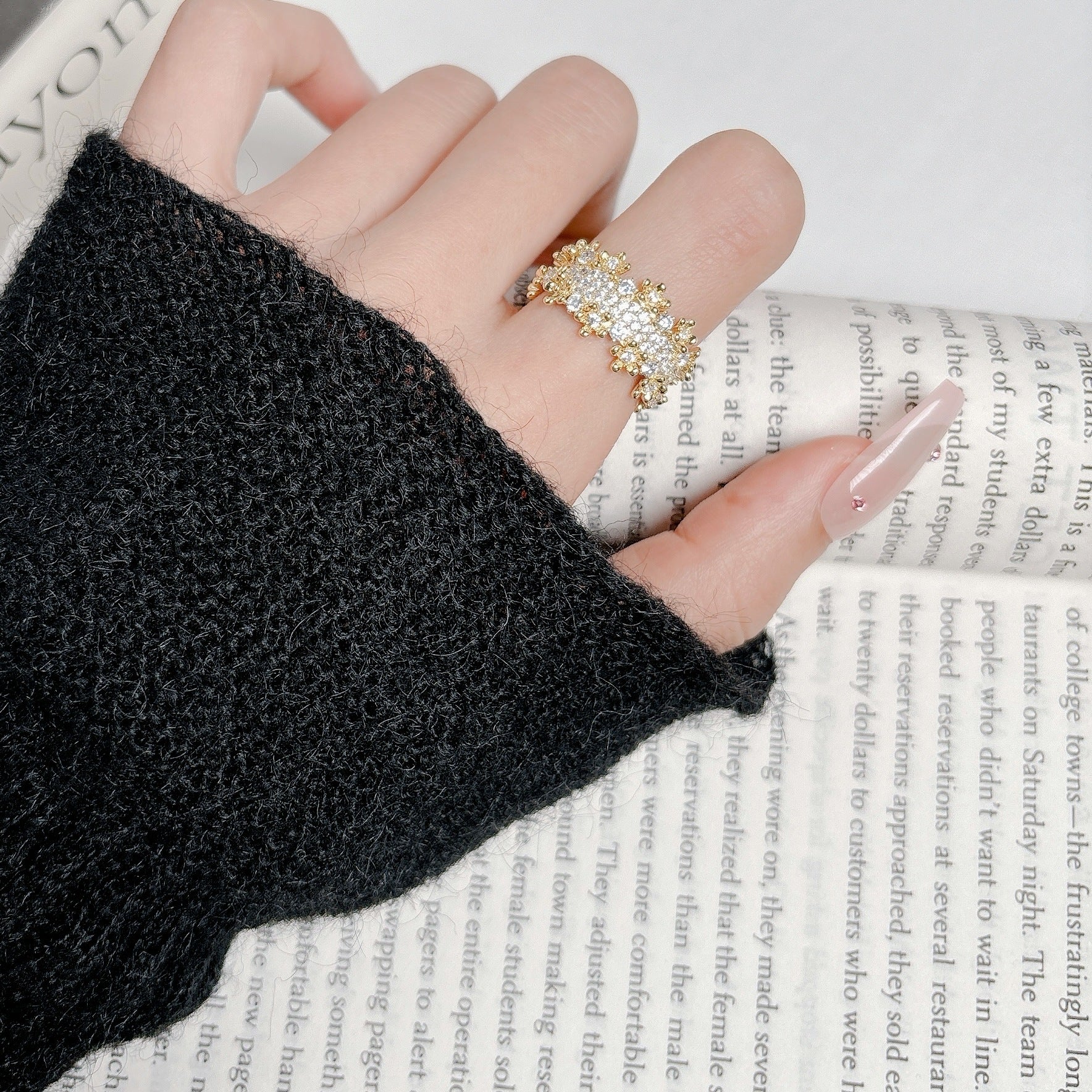 Bold 18K Gold Plated Wide Hollow Geometric Ring with Sparkling Zircon Accents in an Adjustable Statement Design