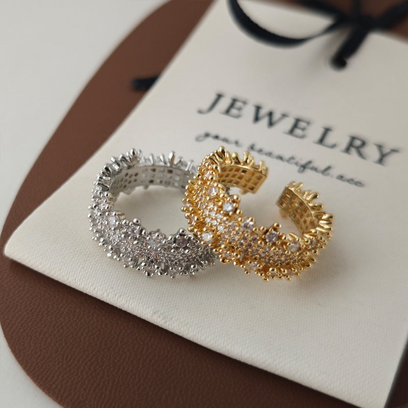 Bold 18K Gold Plated Wide Hollow Geometric Ring with Sparkling Zircon Accents in an Adjustable Statement Design