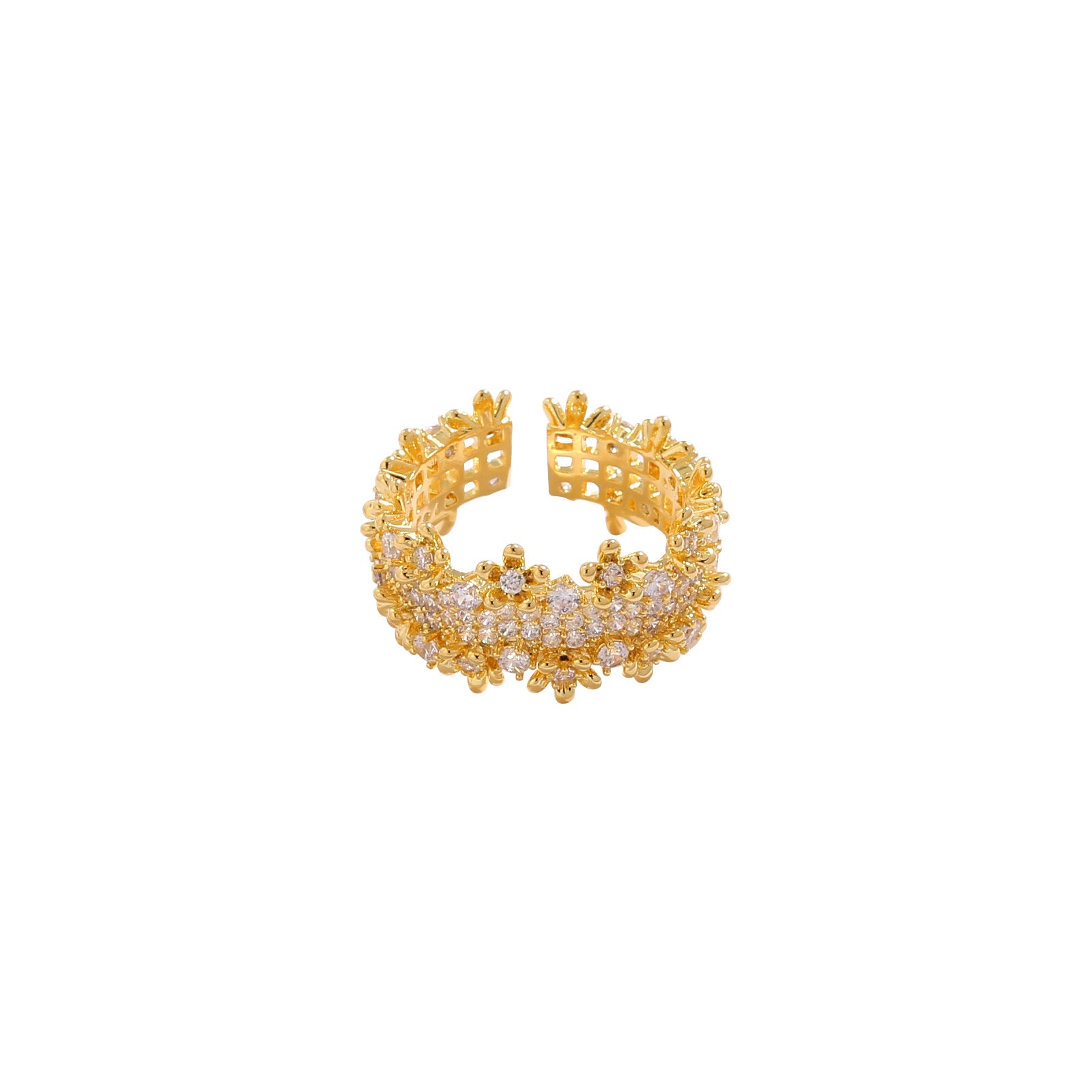 Bold 18K Gold Plated Wide Hollow Geometric Ring with Sparkling Zircon Accents in an Adjustable Statement Design