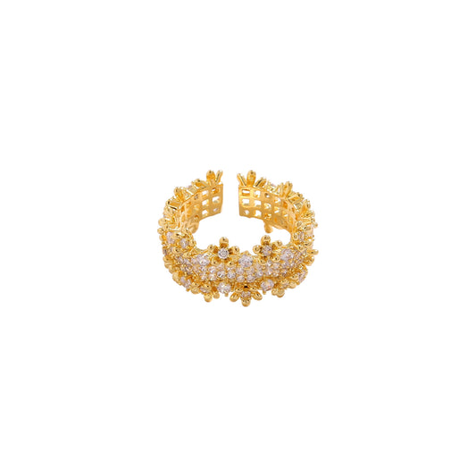 Bold 18K Gold Plated Wide Hollow Geometric Ring with Sparkling Zircon Accents in an Adjustable Statement Design