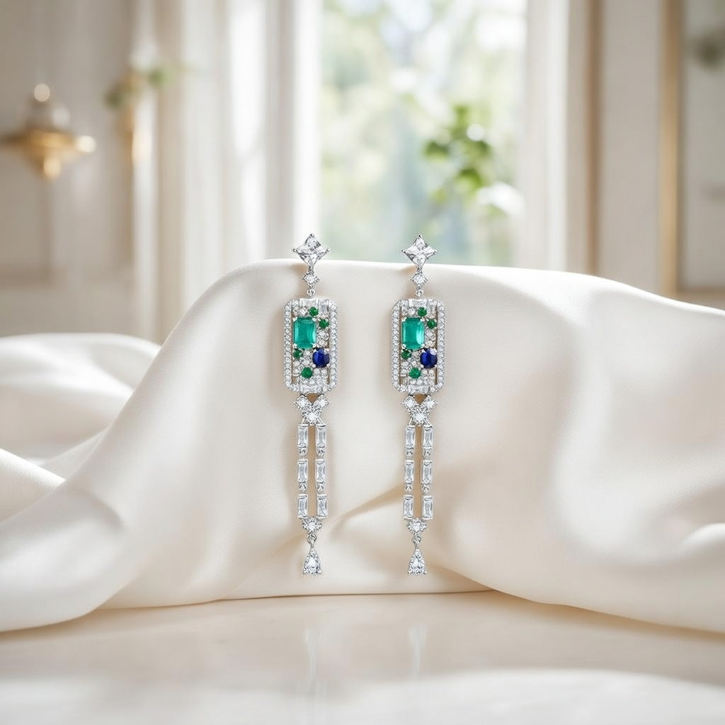 Elegant long tassel drop earrings with 18K white gold plating. Sleek vertical silver-tone linear design