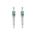 Elegant long tassel drop earrings with 18K white gold plating. Sleek vertical silver-tone linear design