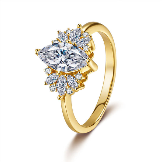 Elegant 1ct Marquise Cut Moissanite Solitaire Ring with a Polished Gold Band and Classic Prong Setting