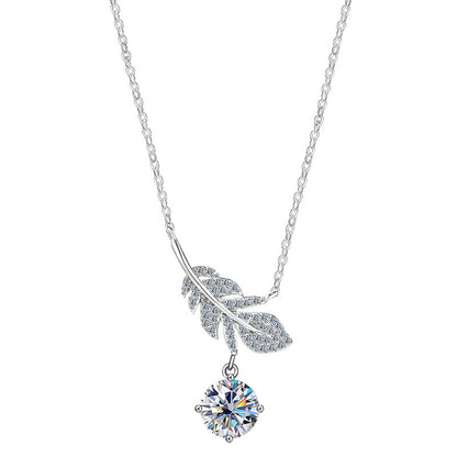 Elegant S925 sterling silver necklace featuring a delicate feather pendant with a brilliant 1ct moissanite stone and GRA certification