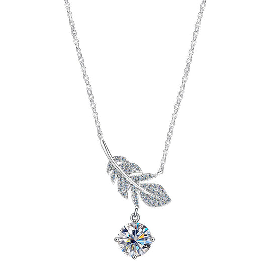 Elegant S925 sterling silver necklace featuring a delicate feather pendant with a brilliant 1ct moissanite stone and GRA certification