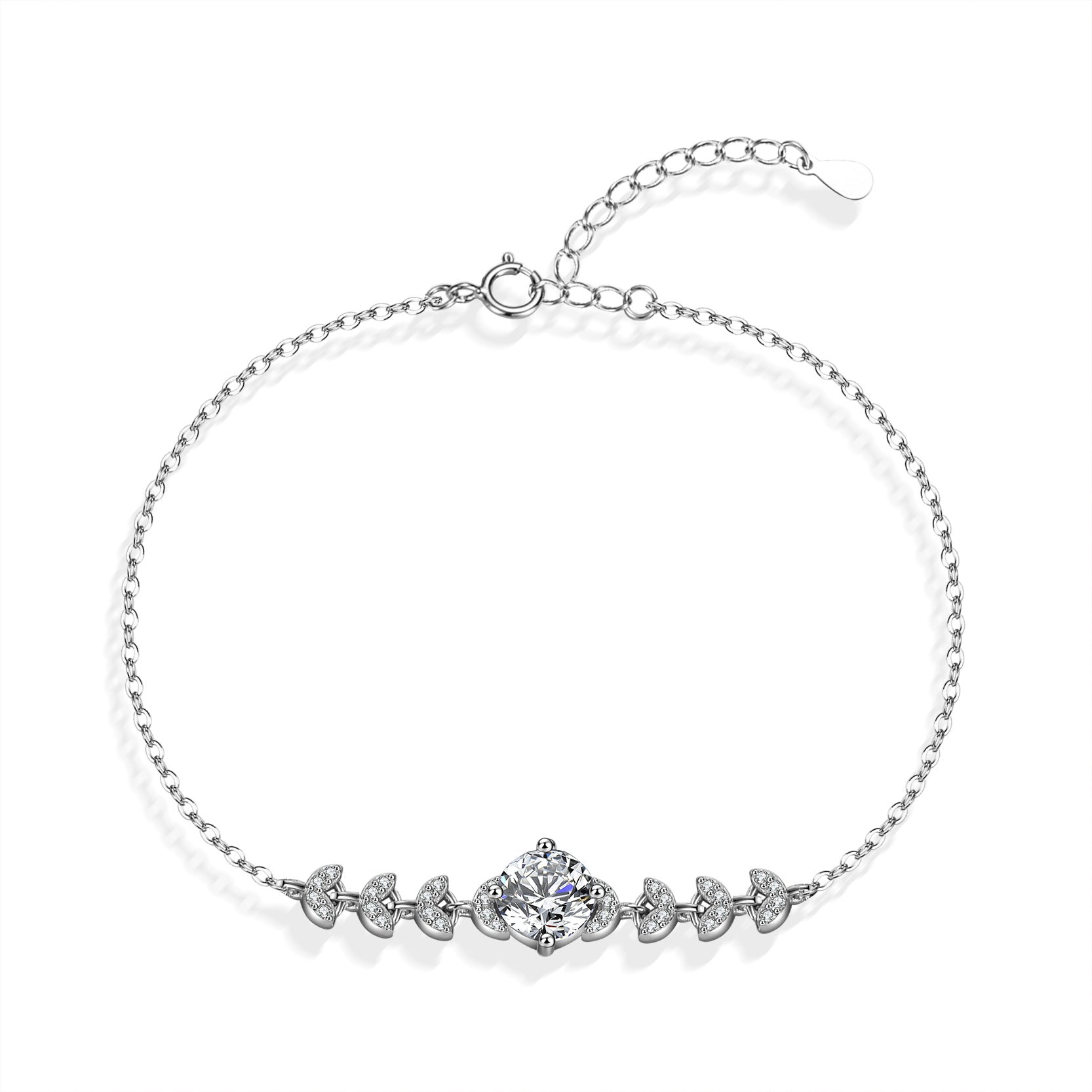 Minimalist silver bracelet featuring a brilliant 1ct moissanite solitaire stone in a sparkling claw setting