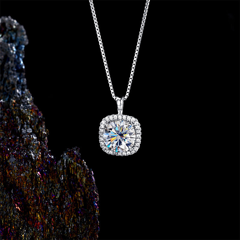 Elegant S925 sterling silver necklace featuring a 1ct round moissanite centerpiece surrounded by a sparkling square halo of accent stones
