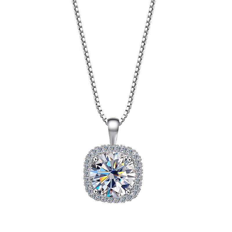 Elegant S925 sterling silver necklace featuring a 1ct round moissanite centerpiece surrounded by a sparkling square halo of accent stones