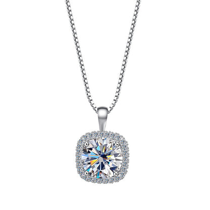 Elegant S925 sterling silver necklace featuring a 1ct round moissanite centerpiece surrounded by a sparkling square halo of accent stones