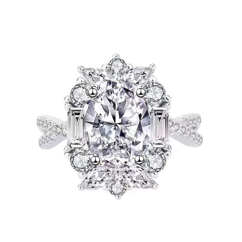 1 Carat Oval Cut Moissanite Statement Ring in 18K White Gold Vintage Cluster Design